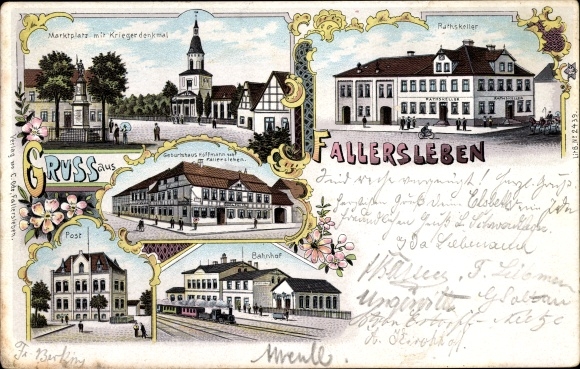 Chromo-Litho Fallersleben Wolfsburg, market square with war memorial, town hall, post office