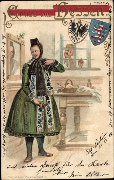 Coat of arms Embossed Chromo-Litho Young woman in Hessian costume, farmhouse room, man at the window