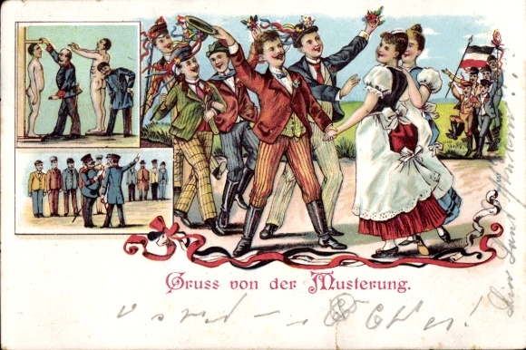 Chromo-Litho greeting from the muster, celebration, women, inspection