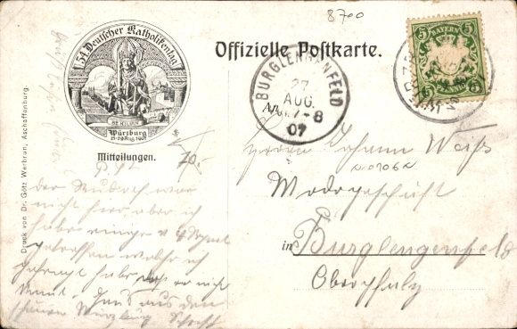Artist Postcard Hock, A., Würzburg am Main Lower Franconia, 54th General Assembly of the German Catholics 1907