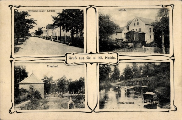 Postcard Groß Neida Wulka Nydej Hoyerswerda in Upper Lusatia, mill, cemetery, Elster Bridge