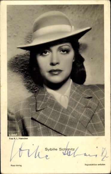 Postcard actress Sybille Schmitz, portrait, hat, autograph