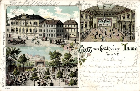 Litho Pirna an der Elbe, Gasthof zur Tanne, Saal, Garten