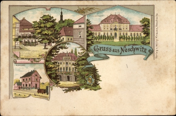Litho  Neschwitz in Sachsen, Marktplatz, Neues Schloss, Altes Schloss, Bahnhof