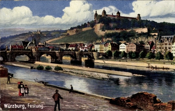 Artist Postcard Würzburg am Main Lower Franconia, Marienberg Fortress, Bridge, Mainpartie