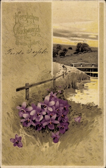 Embossed PC Happy New Year, landscape motif, violets