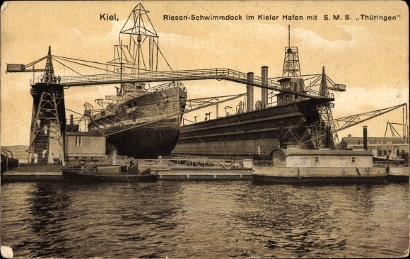 Postcard Kiel, giant floating dock in the port of Kiel, SMS Thüringen, German warship