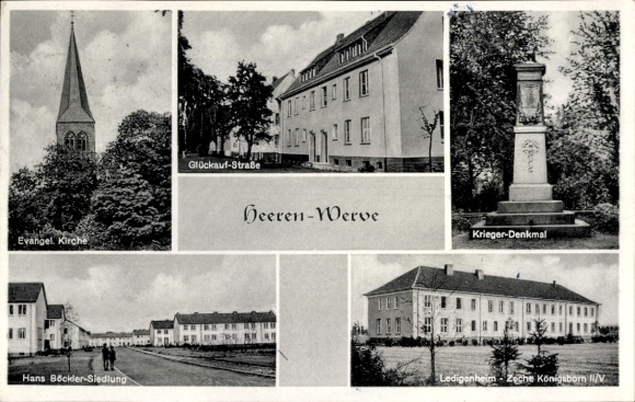 Postcard Heeren Werve Kamen in Westphalia, Glückauf-Straße, Single Men's Home Zeche Königsborn II/V, Church