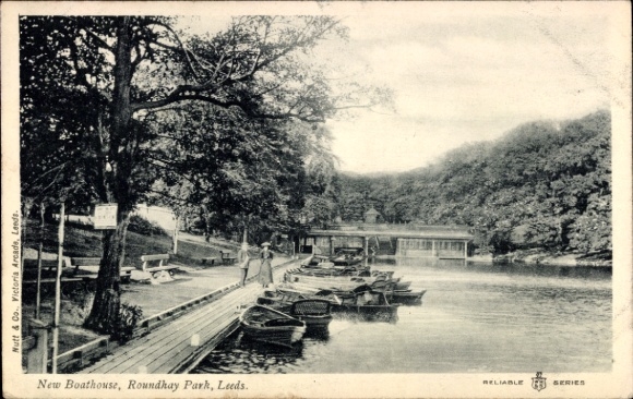 Postcard Leeds Yorkshire England, New Boathouse, Roundhay Park, boats on the water, walkers