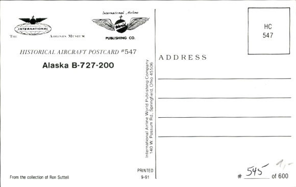 Postcard passenger aircraft Alaska, Boeing 727 200