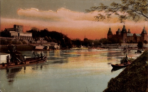 Postcard Aschaffenburg in Lower Franconia, river landscape, castle, boats, evening atmosphere