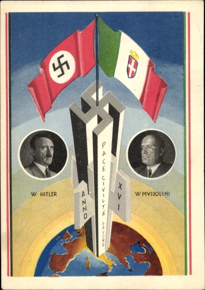 Ak Adolf Hitler, Benito Mussolini, Achse Berlin Rom, Weltkugel, Fahnen, Staatstreffen 1938