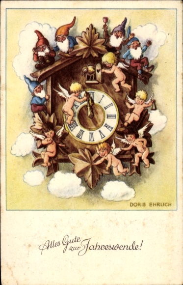 Artist Postcard Ehrlich, Doris, Happy New Year, dwarves, angels, clock