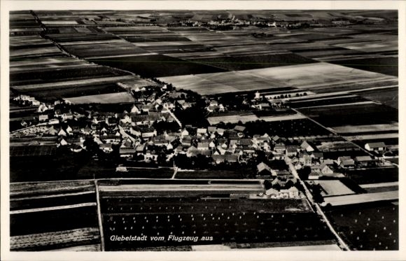Postcard Giebelstadt in Lower Franconia, aerial photograph of fields, houses, black and white