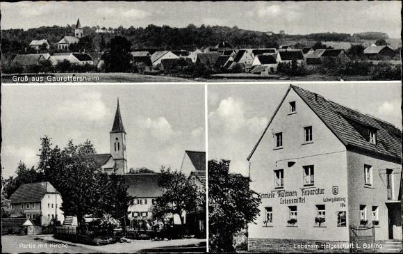 PC Gaurettersheim Bütthard in Unterfranken, grocery store, church, total view