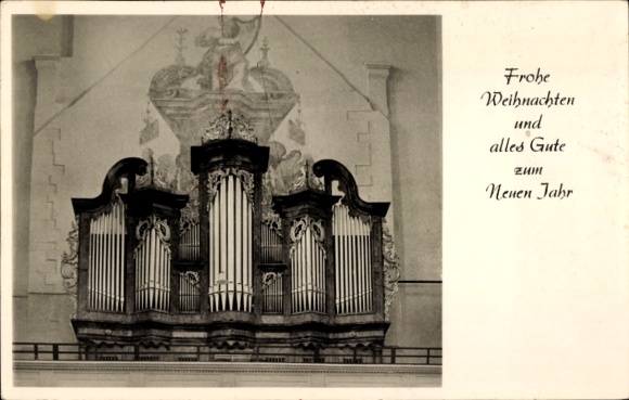 Postcard Münnerstadt in Lower Franconia Bavaria, parish church, organ playing, Christmas and New Year card