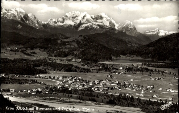 Postcard Barmsee Krün on the Isar River, Upper Bavaria, Krün with Barmsee and Zugspitze, 2964 m, mountain landscape...