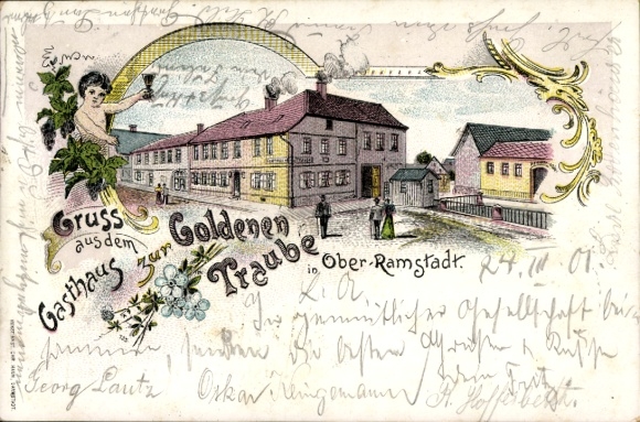 Chromo-Litho Ober Ramstadt in the Odenwald Hesse, Inn at the Golden Grape