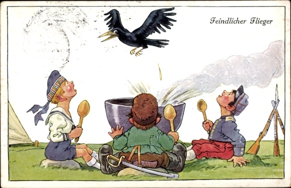 Postcard Enemy Airman, Cooking Pot, Crow, Droppings