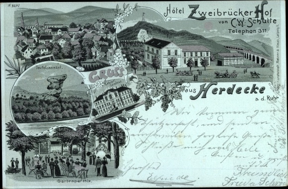 Litho maanlicht Herdecke an der Ruhr, Zweibrücker Hof, buitenaanzicht, Teufelskanzel, tuin