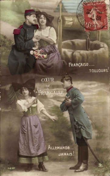 Postcard Française toujours, Allemande jamais, soldiers, women in costume