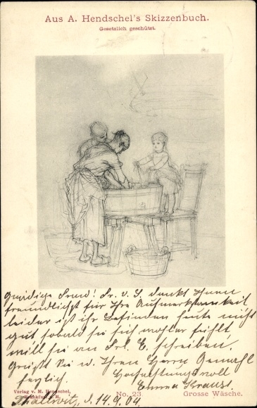 Kunstenaar litho Hendschel, A., vrouw die de was doet, kinderen