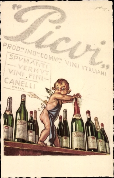 Artist Postcard Picvi, champagne bottles, counters, angels, aprons, Spumanti, Vermut, Vini Fini, Canelli