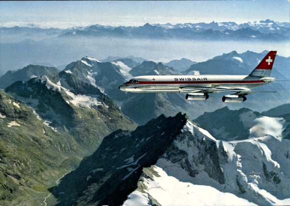 Postcard Swissair Coronado passenger plane, over the Swiss Alps, Valais