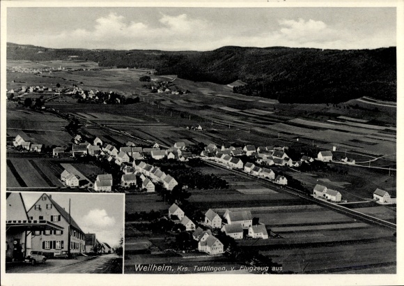 Ak Rietheim Weilheim Schwäbische Alb, Fliegeraufnahme, Gasthaus zum Lamm von Hans Storz