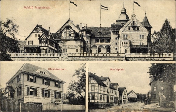 Ansichtkaart Herleshausen an der Werra, kasteel Augustenau, boswachterskantoor, marktplein