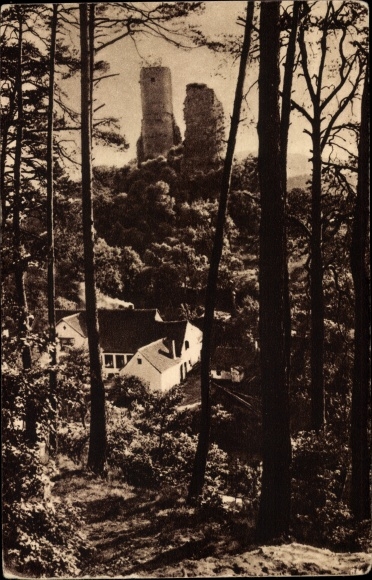 Postcard Kirkel Neuhäusel Saarpfalz, View from the forest to the castle ruins