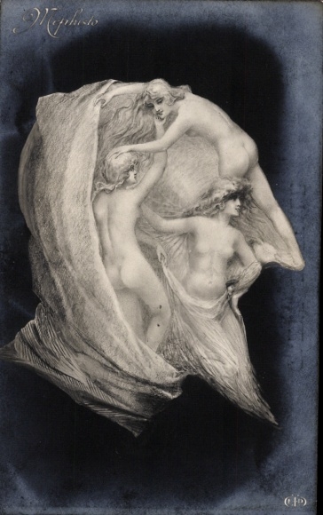 Postcard Mephisto, naked women, metamorphosis