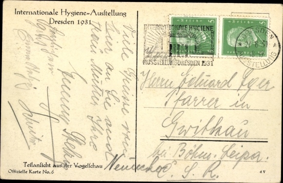 Ansichtkaart Dresden, Internationale Hygiënetentoonstelling 1931, gedeeltelijk uitzicht vanuit vogelperspectief, Kugelhaus
