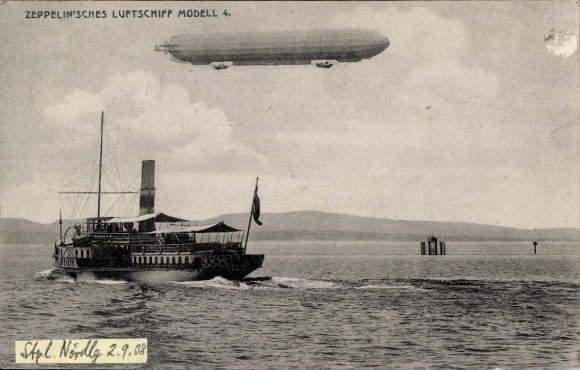 Sterowiec KP Zeppelin model 4 nad Jeziorem Bodeńskim, parowiec salonowy