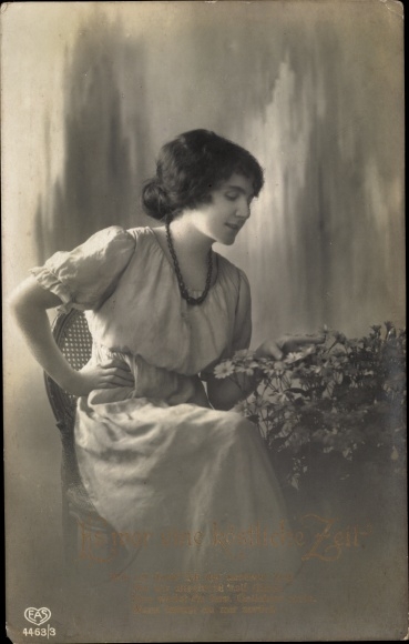 Postcard woman sitting on the flower bush, love, EAS 4463/3, prisoner of war mail Tengern
