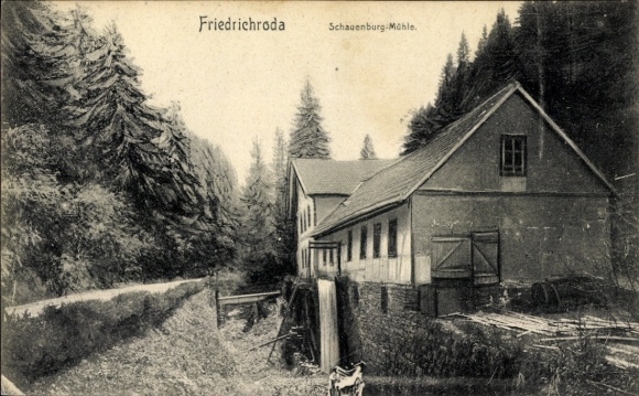 Postcard Friedrichroda in the Thuringian Forest, Schauenburg-Mill, forest, buildings,