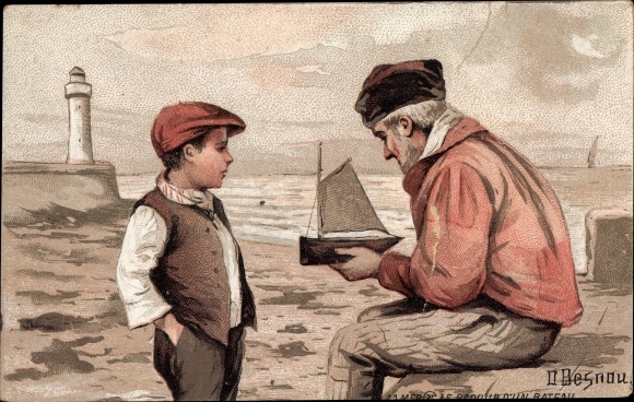 Artist Postcard Besnou, O., grandfather, grandson, model boat, sailor