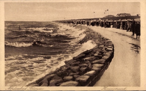 Ak Noordzeebadplaats Büsum, kustlandschap, golven, strandpromenade, mensen, Mordonbad Bucum