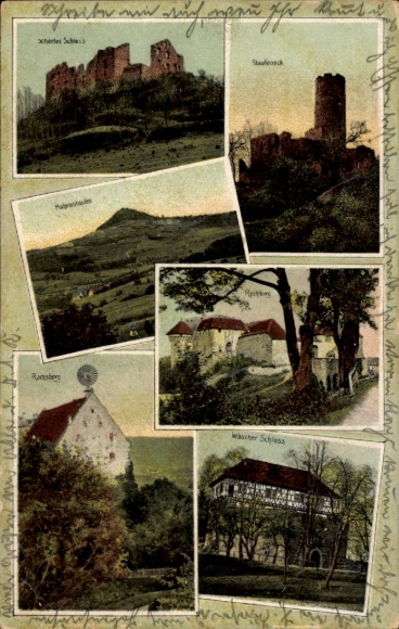 Postcard Wäschenbeuren, Wäscher Castle, Staufeneck, Ramsberg, Rechberg