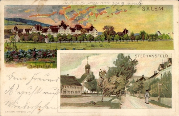 Artist Postcard Mueller, J., Stefansfeld Salem in the Bodenseekreis Baden, monastery, partial views