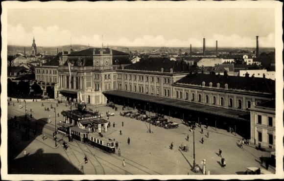 Ak Brno Brünn Südmähren, Hauptbahnhof, Straßenbahn, Architektur, Stadtansicht