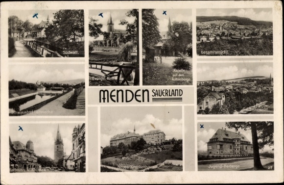Ak Menden im Sauerland, Südwall, zwembad, jeugdherberg, ziekenhuis, gemeentehuis, kerk