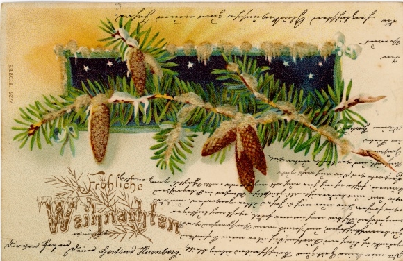 Glitter Litho Gefeliciteerd Kerstmis, dennentakken, dennenappels