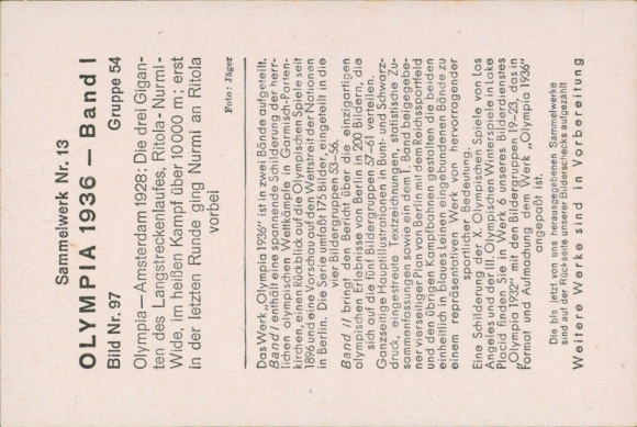 Collector's card Olympic Games 1936, Olympic Games Amsterdam 1928, Ritola, Nurmi, Wide, 10,000m run