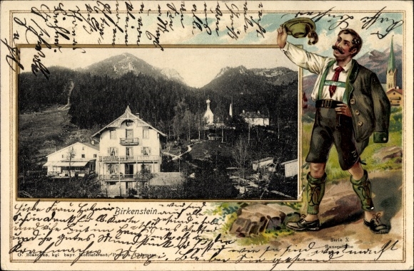 Embossed passepartout PC Birkenstein Fischbachau in Upper Bavaria, view of a residential building, chapel