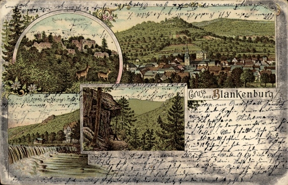 Litho Bad Blankenburg in Thüringen, Panorama, Burg Greifenstein