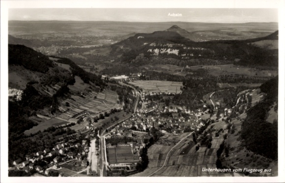 Postcard Unterhausen Lichtenstein in Württemberg, aerial view of Achalm in the background