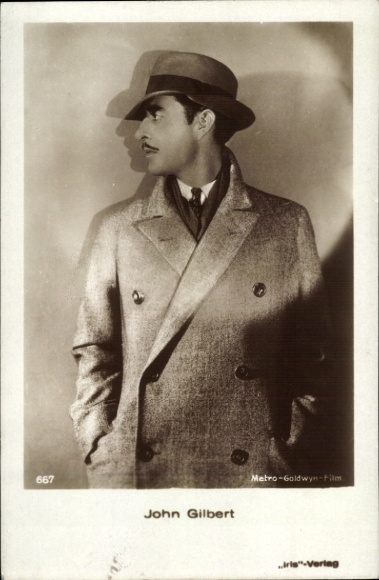 Postcard actor John Gilbert, portrait in coat with hat, Amag Iris Verlag 667