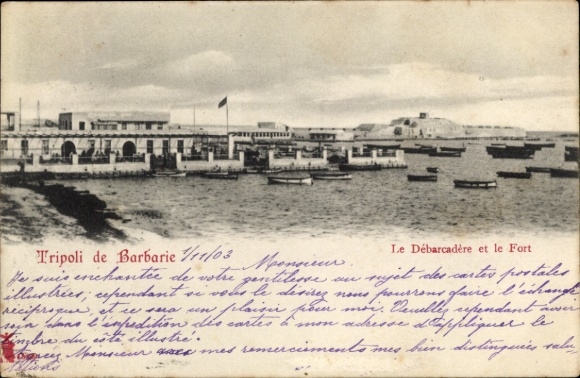 Ak Tripolis Tripoli Libyen, Marina mit Hafen, Boote, Gebäude, Blick auf Fort, Postkartenmotiv