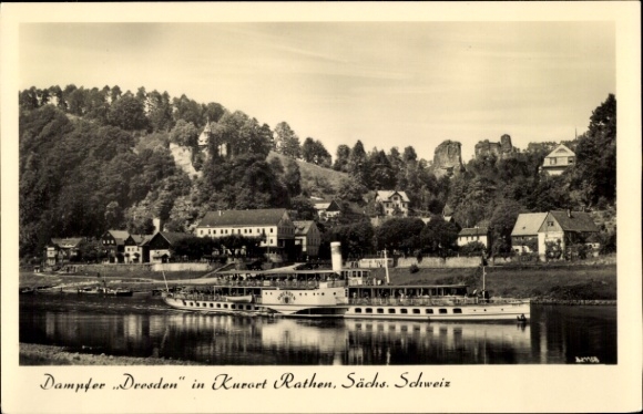 Ak Rathen an der Elbe Sächsische Schweiz, Dampfer Dresden mit Blick auf Kurort Rathen, Wald un...